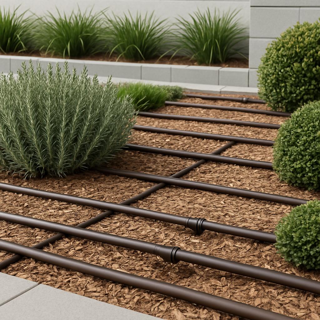 The image depicts a garden bed with a black pipe irrigation system, surrounded by mulch and plants. The picture's purpose ...