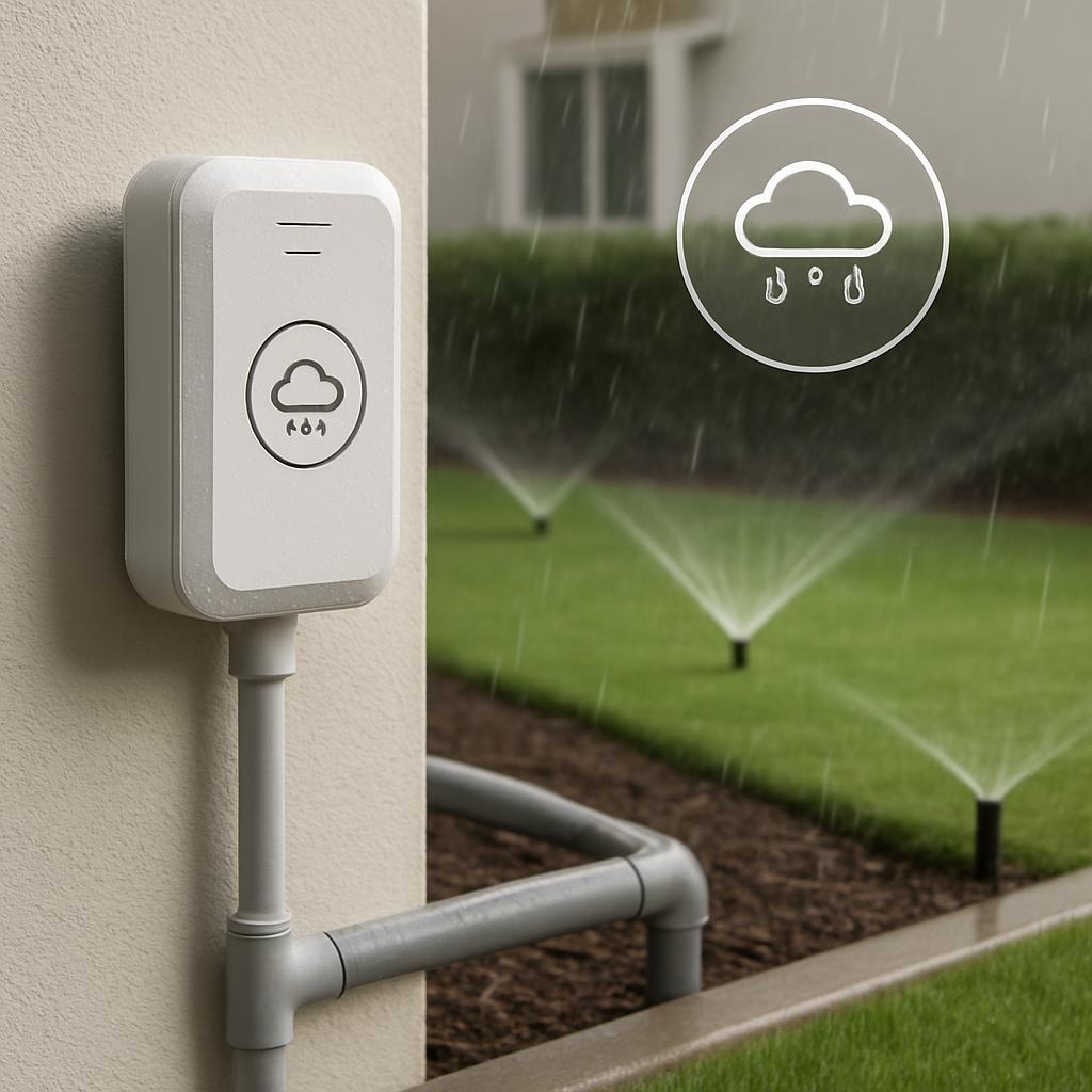Alt text for the image: Mobile Bluetooth Weather Detection Control Connected with a Irrigation System. Garden and Rainy Da...