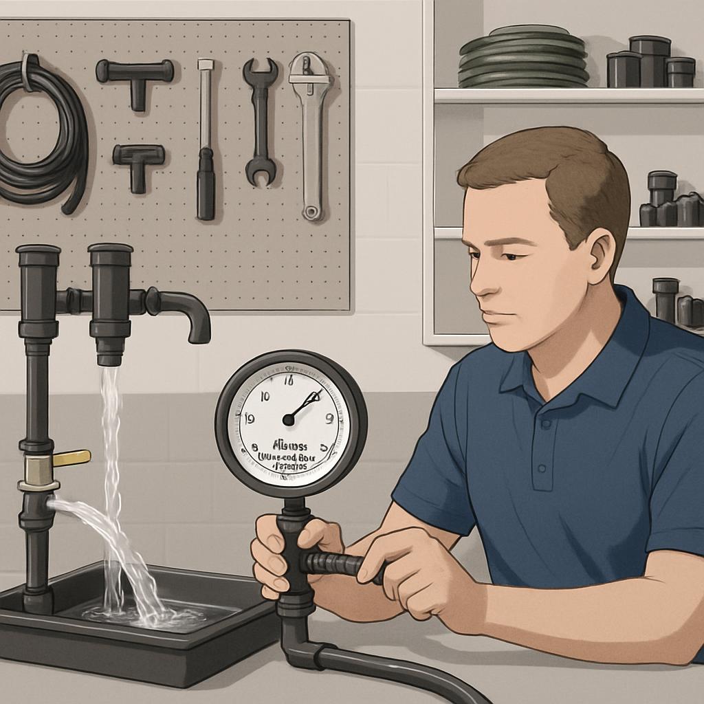 A young man sits at a workbench, intently examining a pressure gauge on a pipe while a wrench hangs nearby. The image reso...