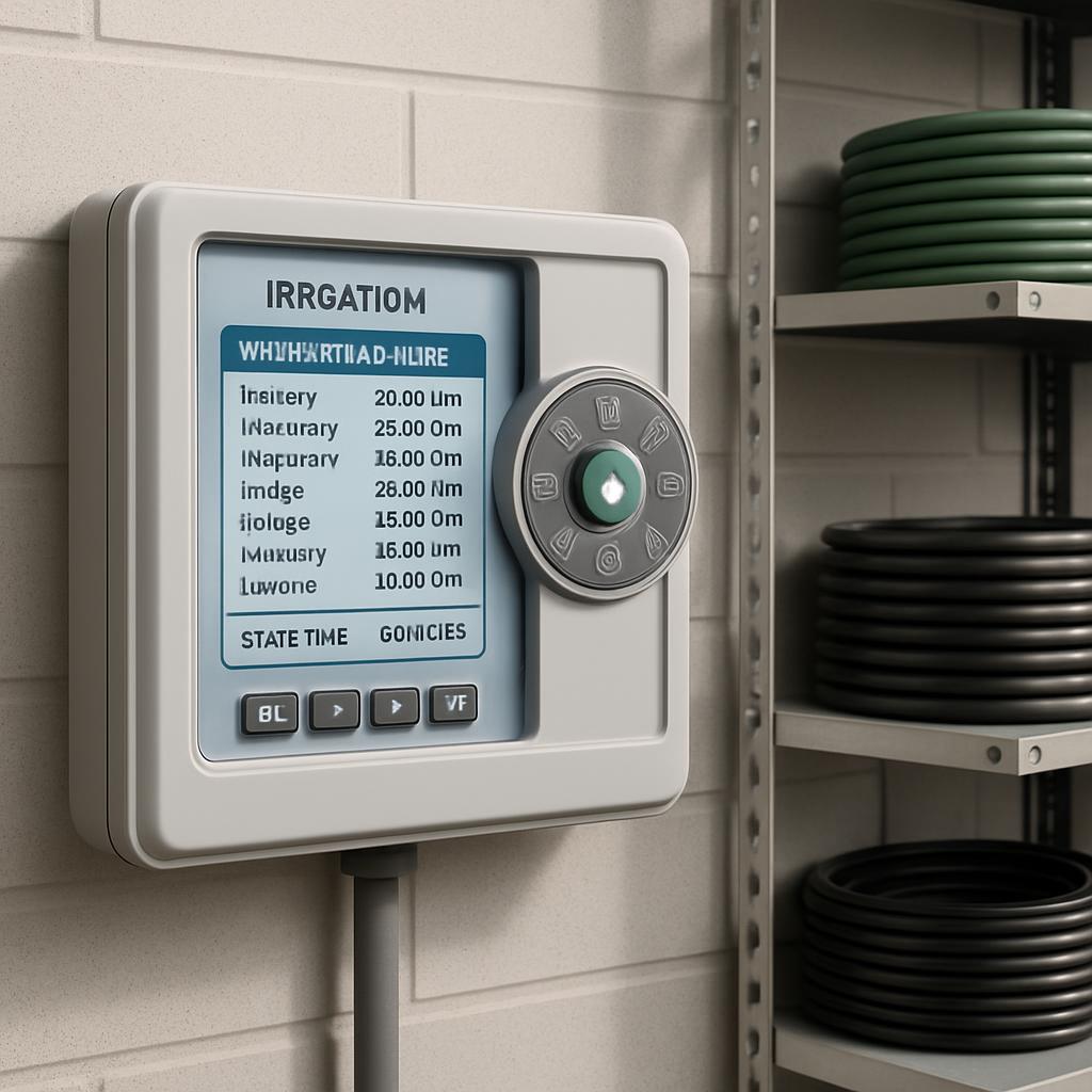 The image shows an irrigation control panel mounted on a wall above a shelf with hoses and a hose reel. It is a square dev...